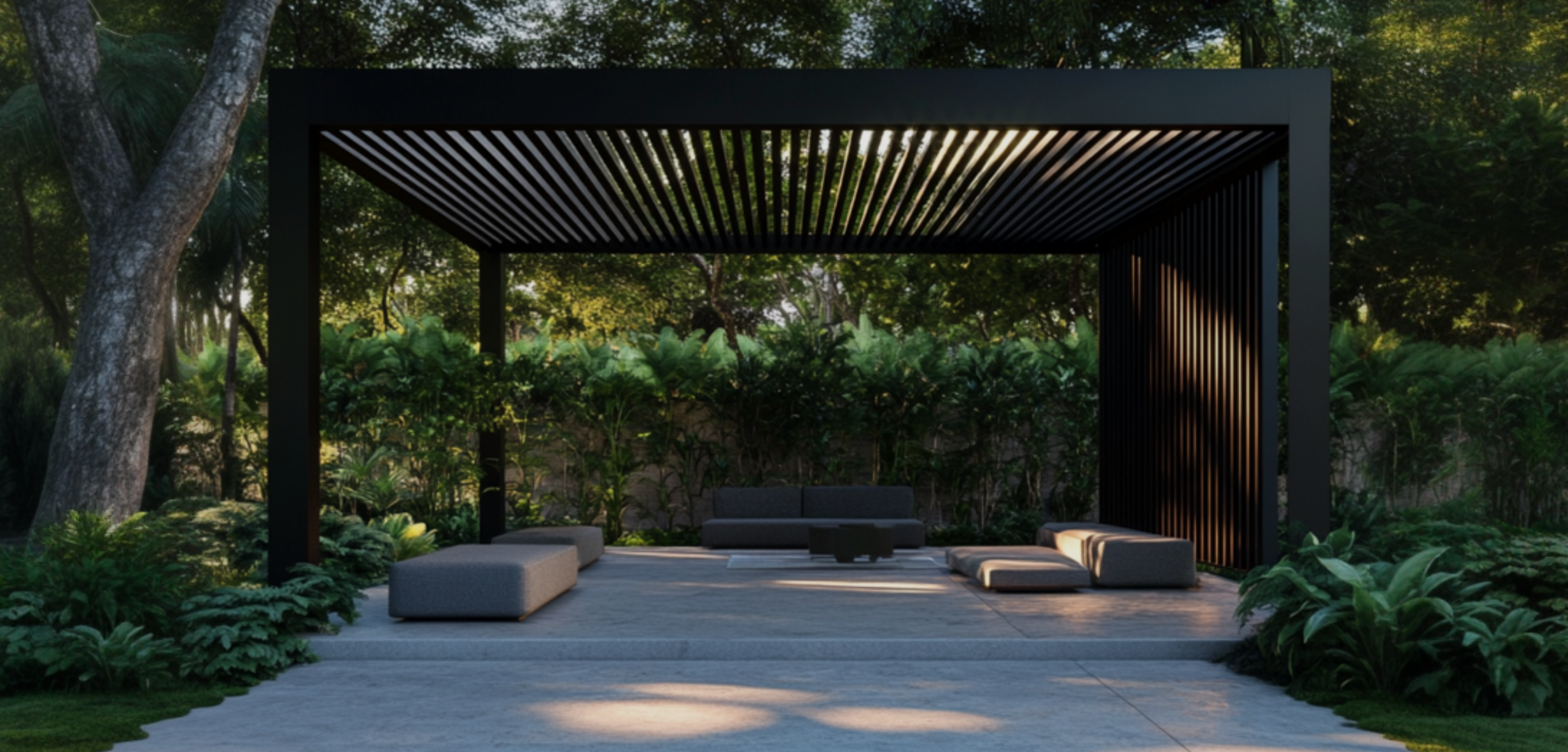 Modern outdoor living space featuring a louvered pergola surrounded by greenery, representing AnkaSpaces design ambiance.