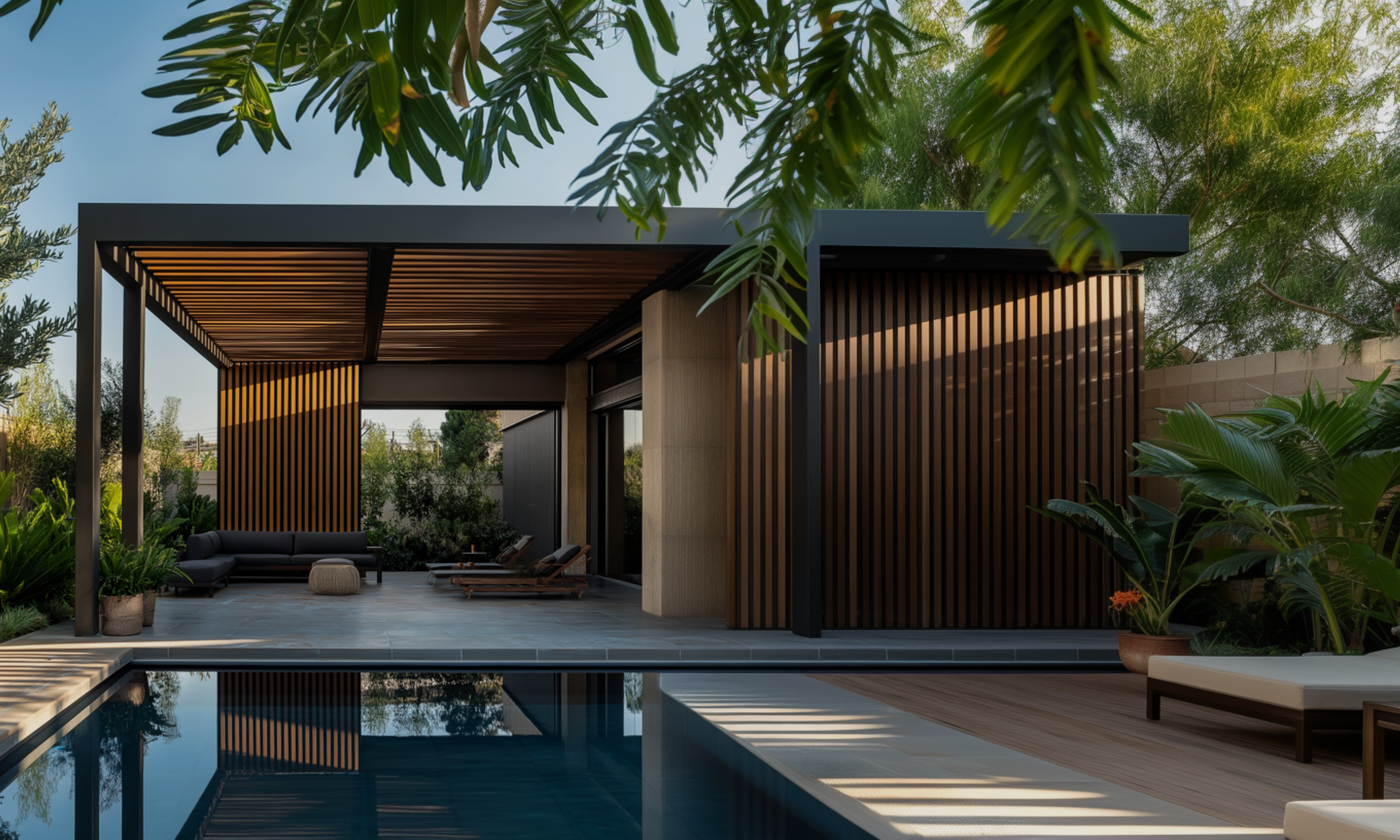 Luxury outdoor space with retractable louvered pergola beside a pool, showcasing comfort and modern design by AnkaSpaces.