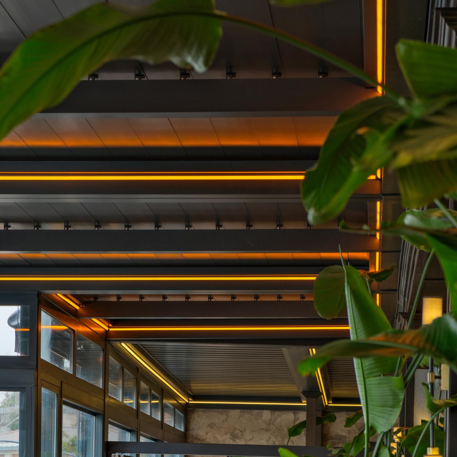 Multiple connected aluminum pergola roof systems with integrated LED lighting by AnkaSpaces, showcasing modular design and architectural sophistication.