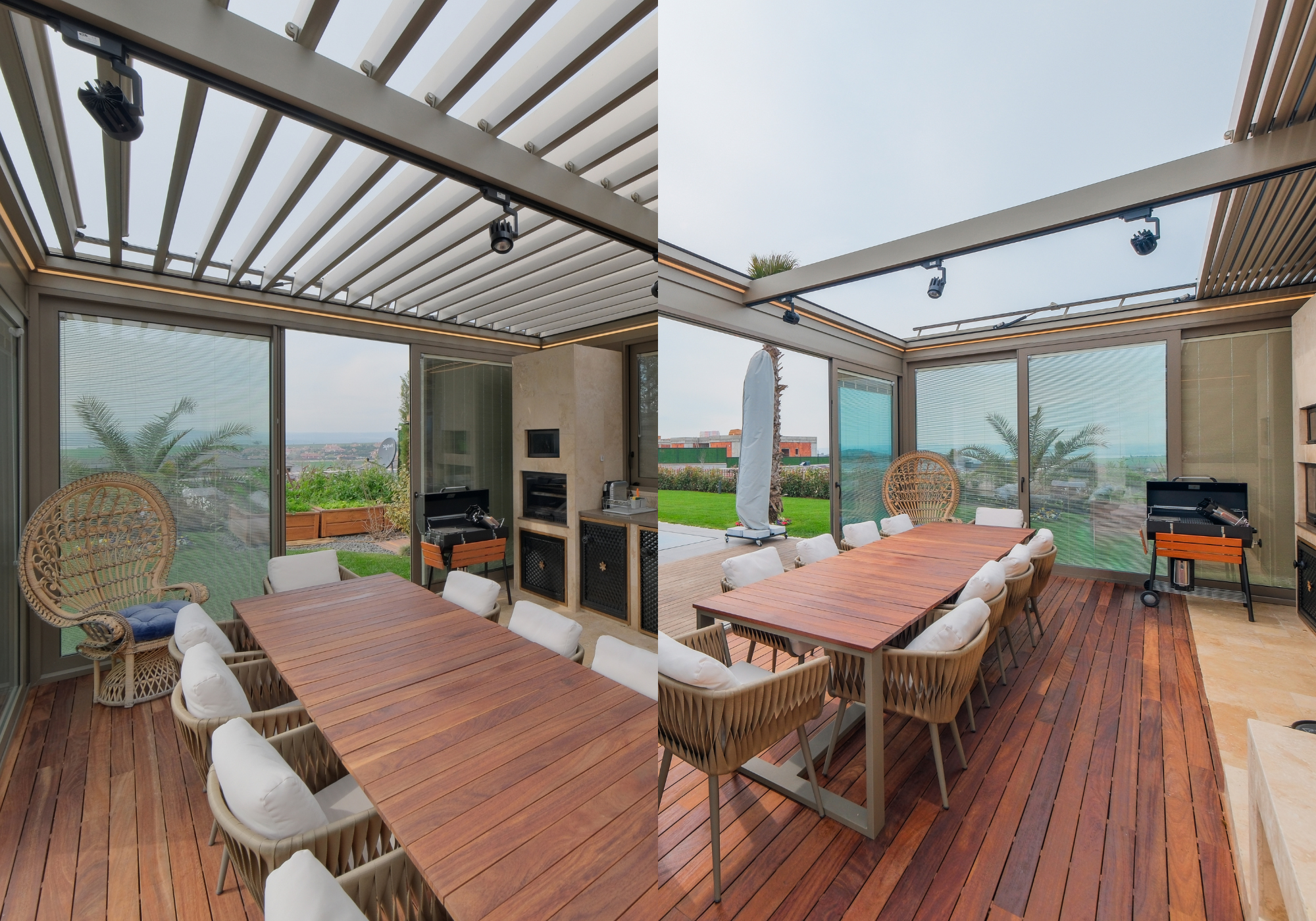 Retractable louvered aluminum pergola with glass walls and wooden dining table, showcasing modern outdoor living design by AnkaSpaces.